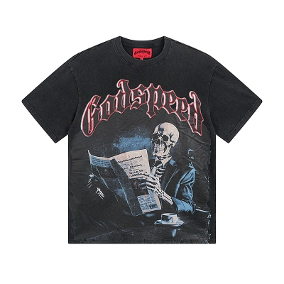 Godspeed Skull Reading Newspaper Print T-shirt #1079 Black 01