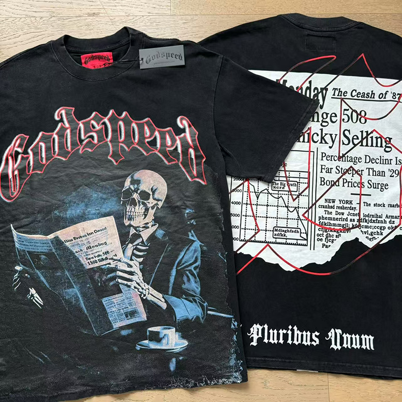 Godspeed Skull Reading Newspaper Print T-shirt #1079 Black