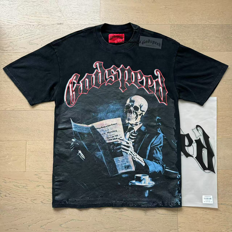 Godspeed Skull Reading Newspaper Print T-shirt #1079 Black