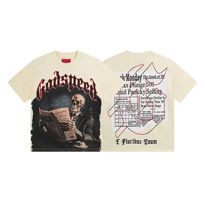 Godspeed Skull Reading Newspaper Print T-shirt #3079 Apricot 02