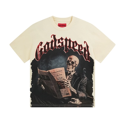 Godspeed Skull Reading Newspaper Print T-shirt #3079 Apricot 01