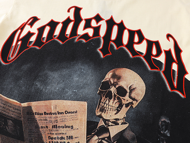 Godspeed Skull Reading Newspaper Print T-shirt #3079 Apricot