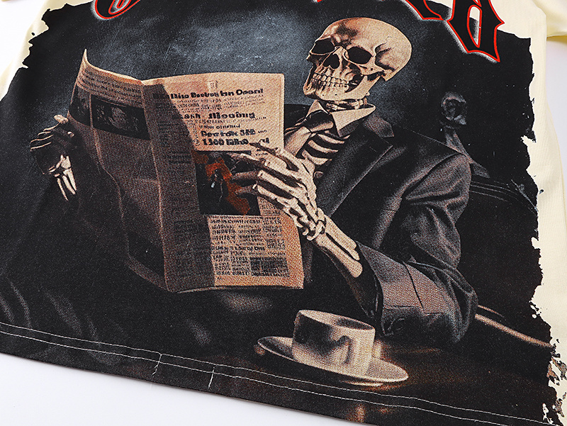 Godspeed Skull Reading Newspaper Print T-shirt #3079 Apricot