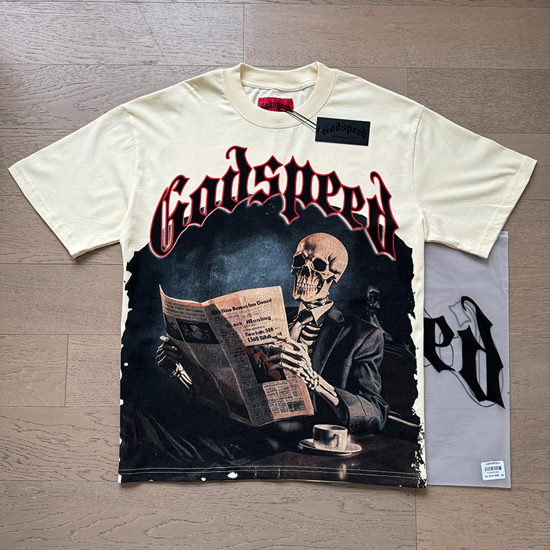 Godspeed Skull Reading Newspaper Print T-shirt #3079 Apricot