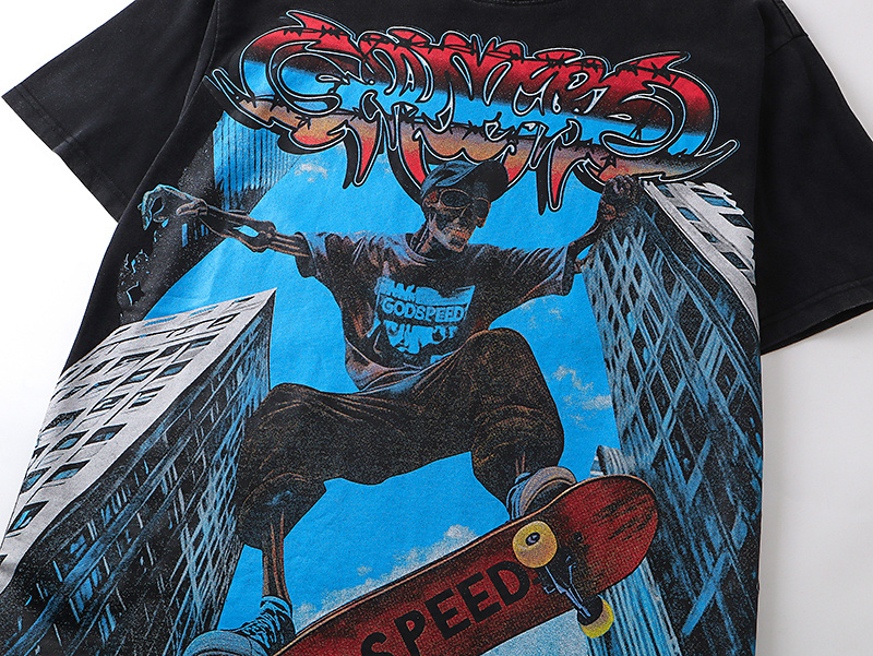 Godspeed Skull Skyscraper Skateboard Print T-shirt #1128 Black
