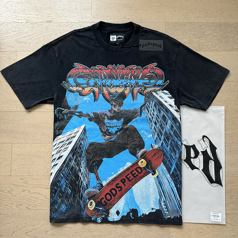 Godspeed Skull Skyscraper Skateboard Print T-shirt #1128 Black