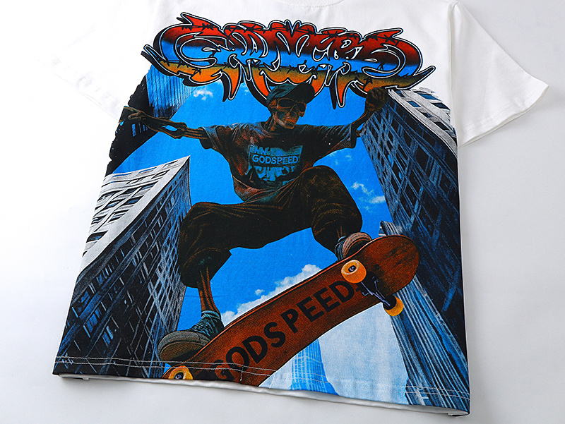 Godspeed Skull Skyscraper Skateboard Print T-shirt #3128 White