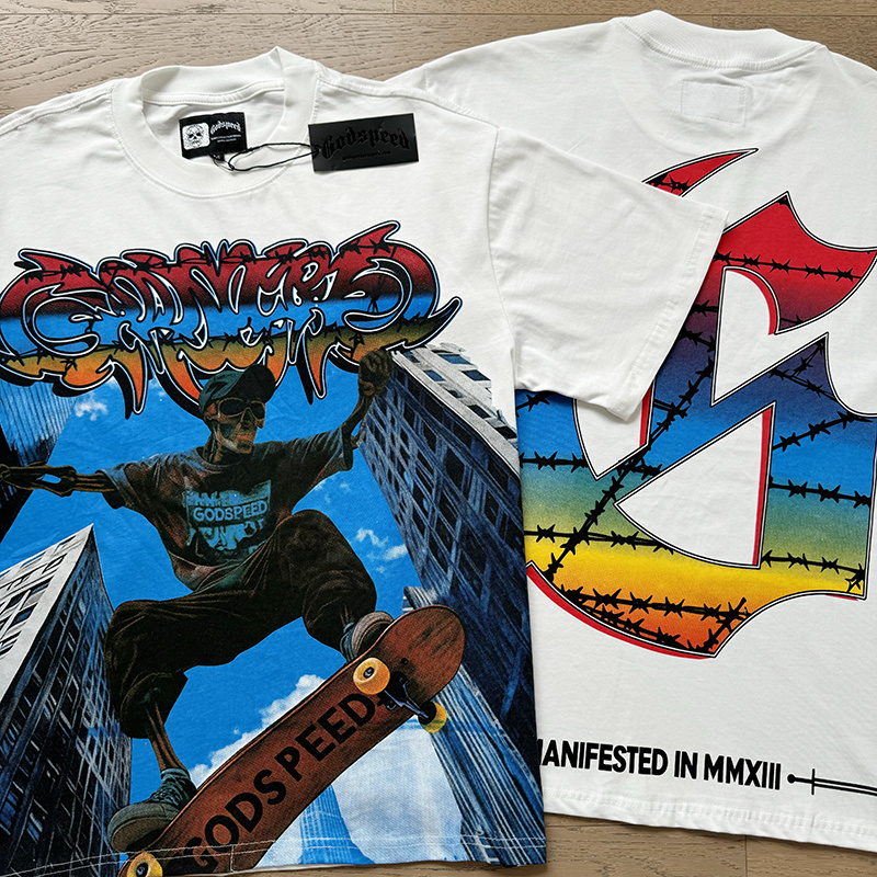 Godspeed Skull Skyscraper Skateboard Print T-shirt #3128 White