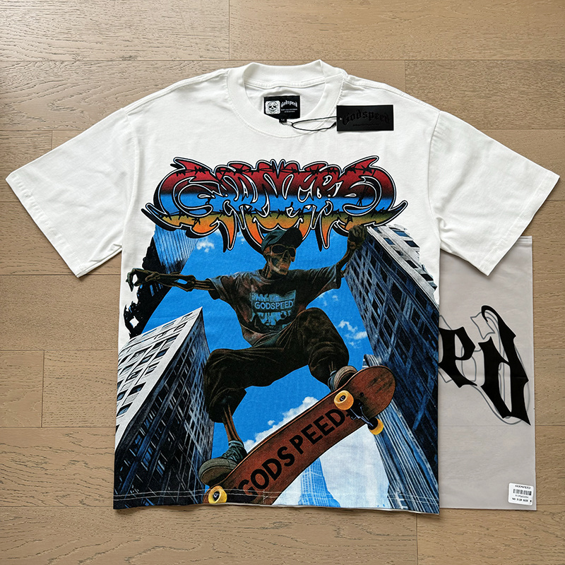 Godspeed Skull Skyscraper Skateboard Print T-shirt #3128 White