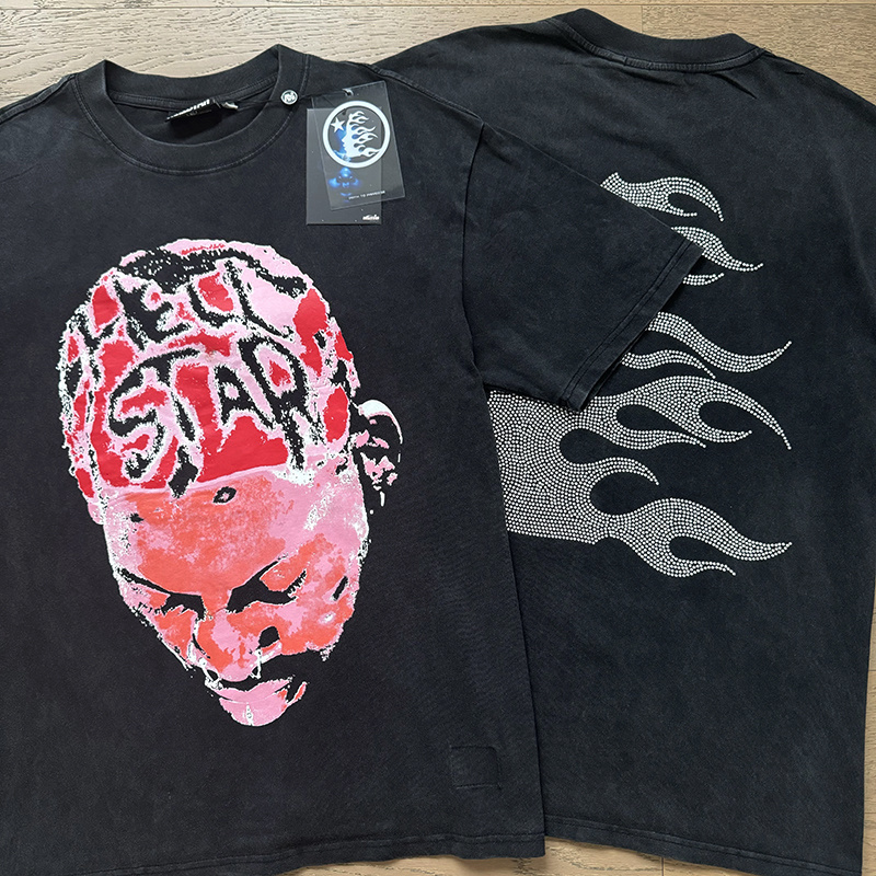 Hellstar T-shirt YL#6772 Black Red Embroidered