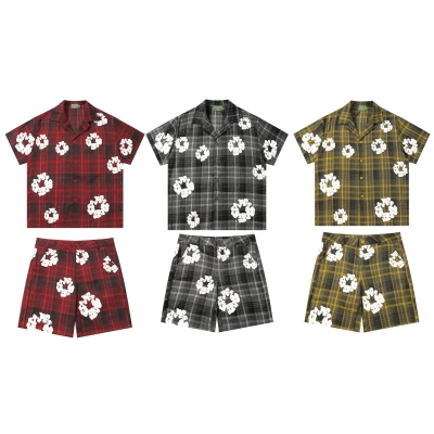 Denim Tears Plaid Short Sleeve Set YL #388-8618 Red/Grey/Yellow 01