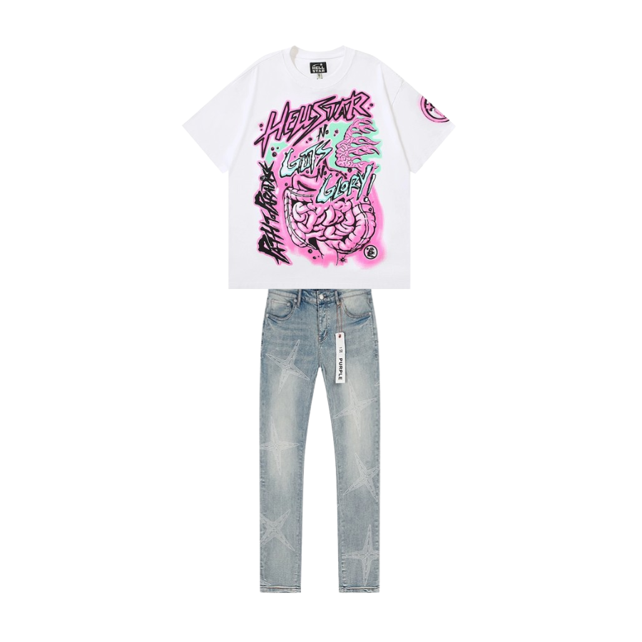 Hellstar T-shirt 505 + Purple Brand Jeans YL#PU827