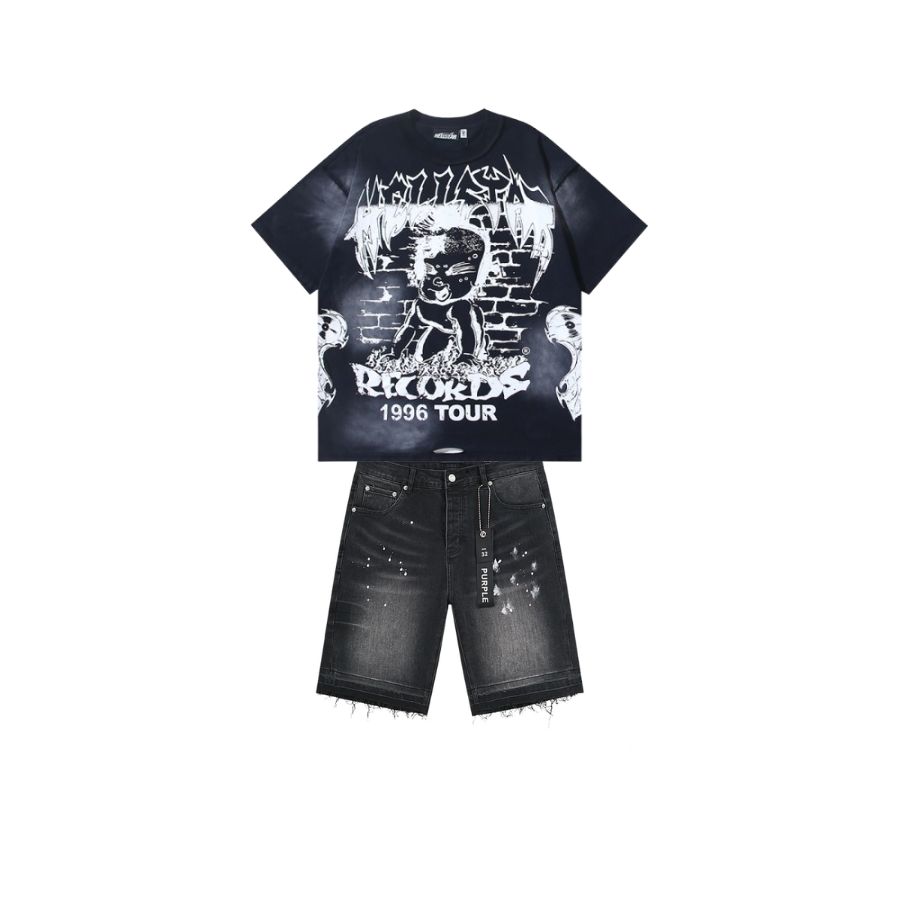 【FLASH SALE】Hellstar T-shirt YL#6779 Black + Purple Brand Denim Shorts YL#PU505