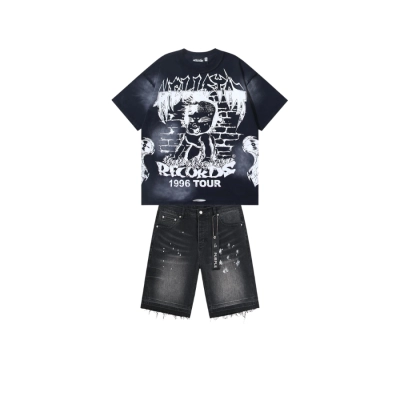 【FLASH SALE】Hellstar T-shirt YL#6779 Black + Purple Brand Denim Shorts YL#PU505 01