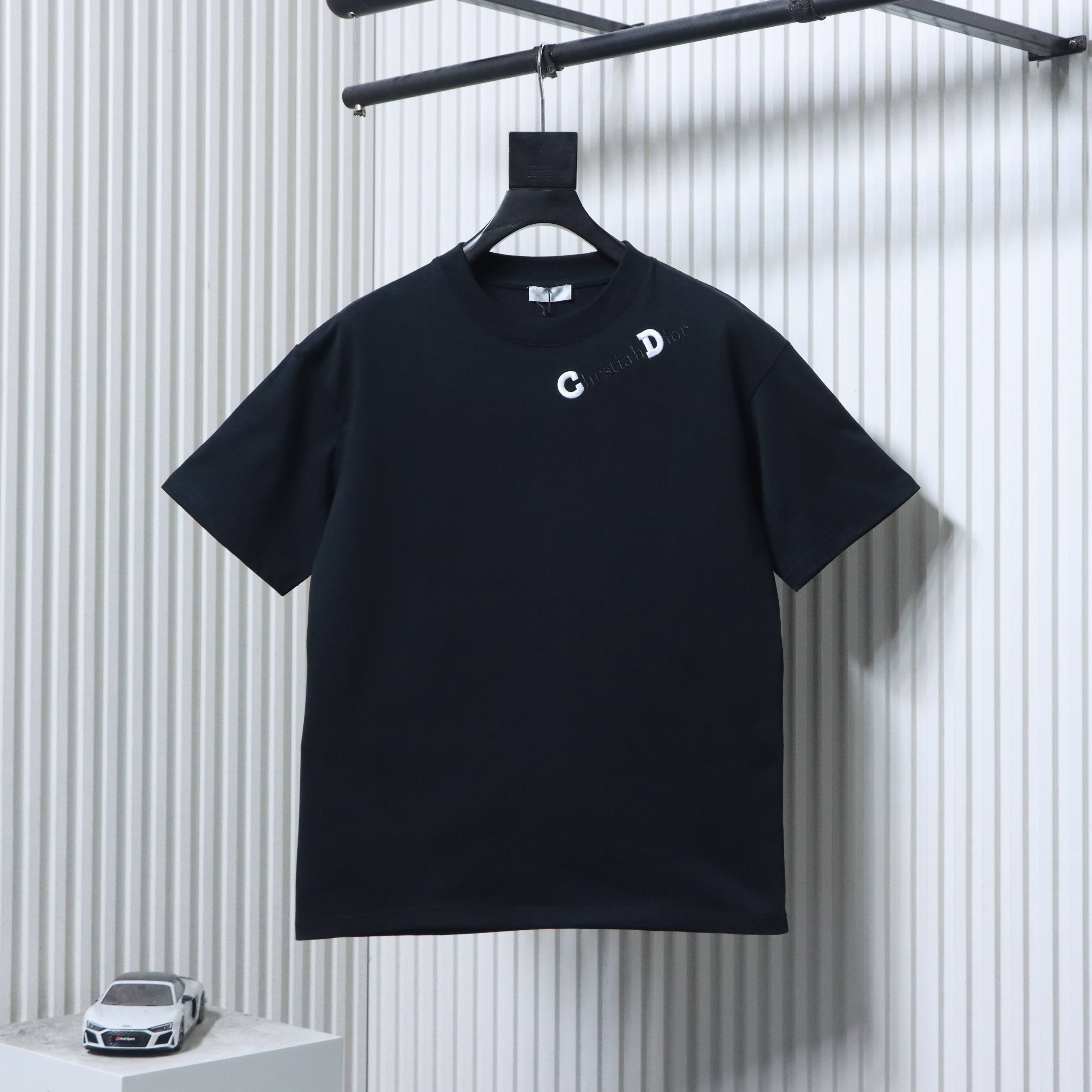 Dior 26ss CD Slogan Embroidery Logo T-shirt YL Black