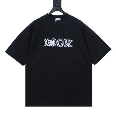 Dior Frayed Patchwork Letter Embroidery T-shirt YL Black 01