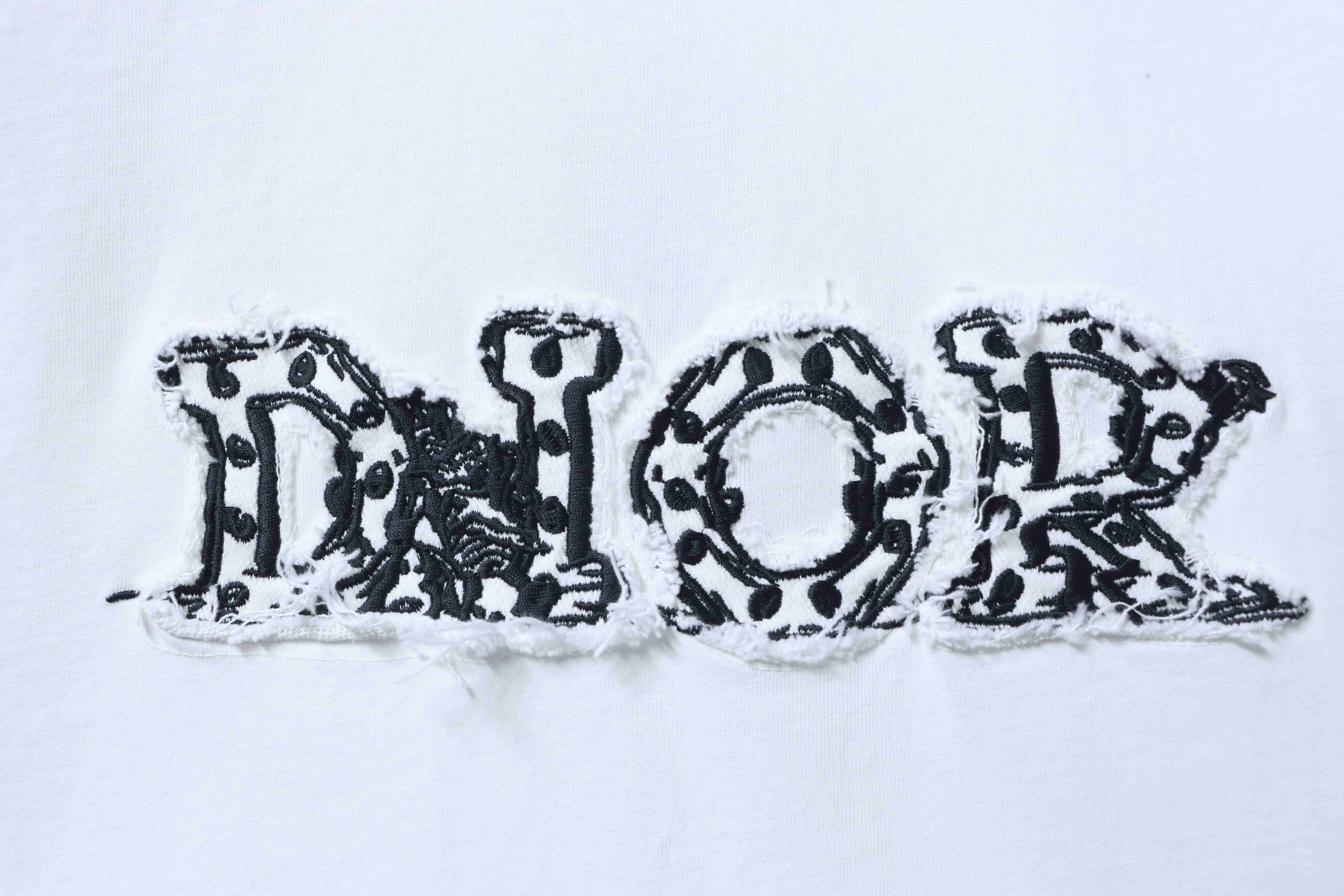 Dior Frayed Patchwork Letter Embroidery T-Shirt YL White