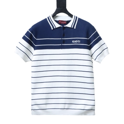 Gucci 25ss striped knit Polo T-shirt YL White and Blue 01
