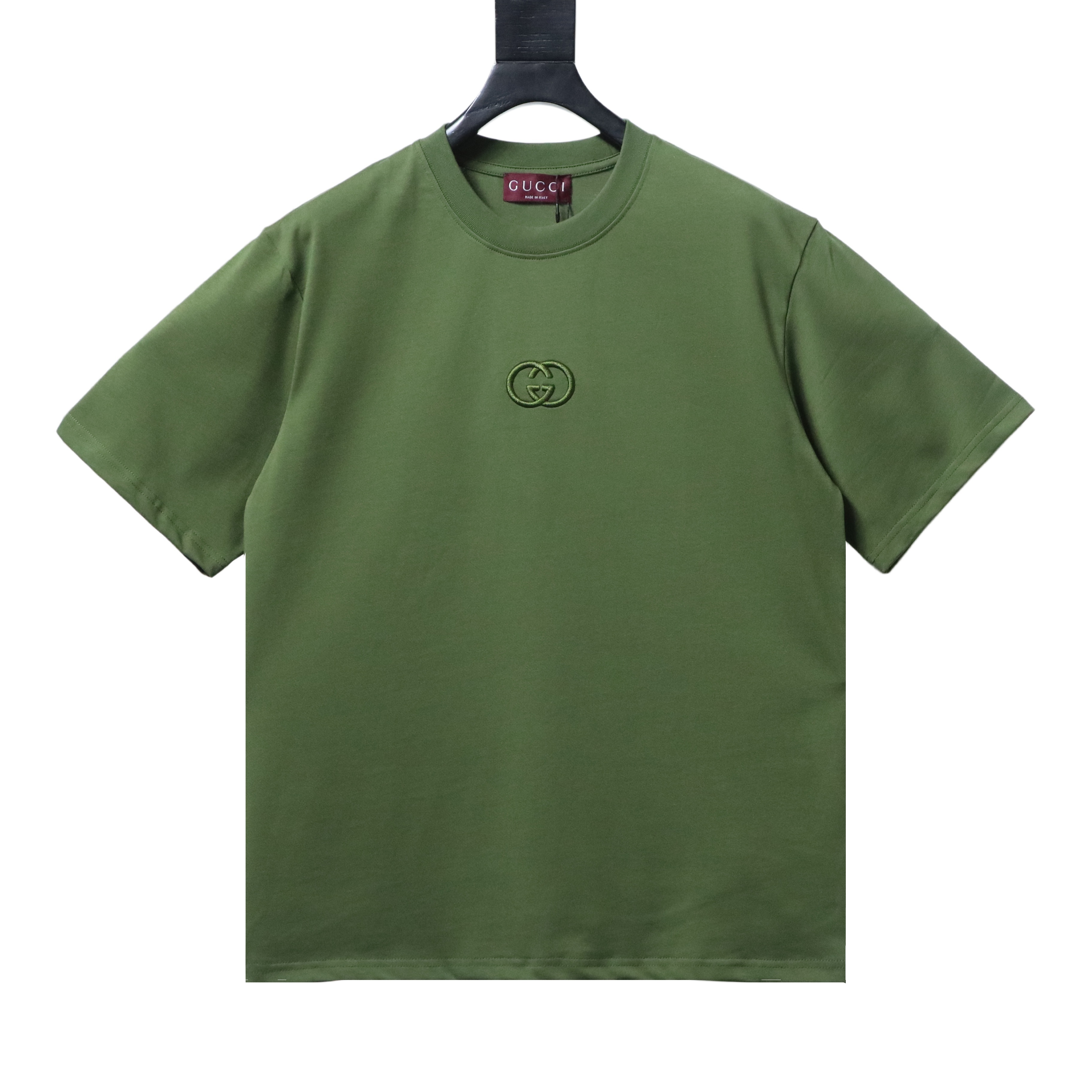 Gucci 26SS Double G Embroidered Letter on Chest T-shirt YL Army Green