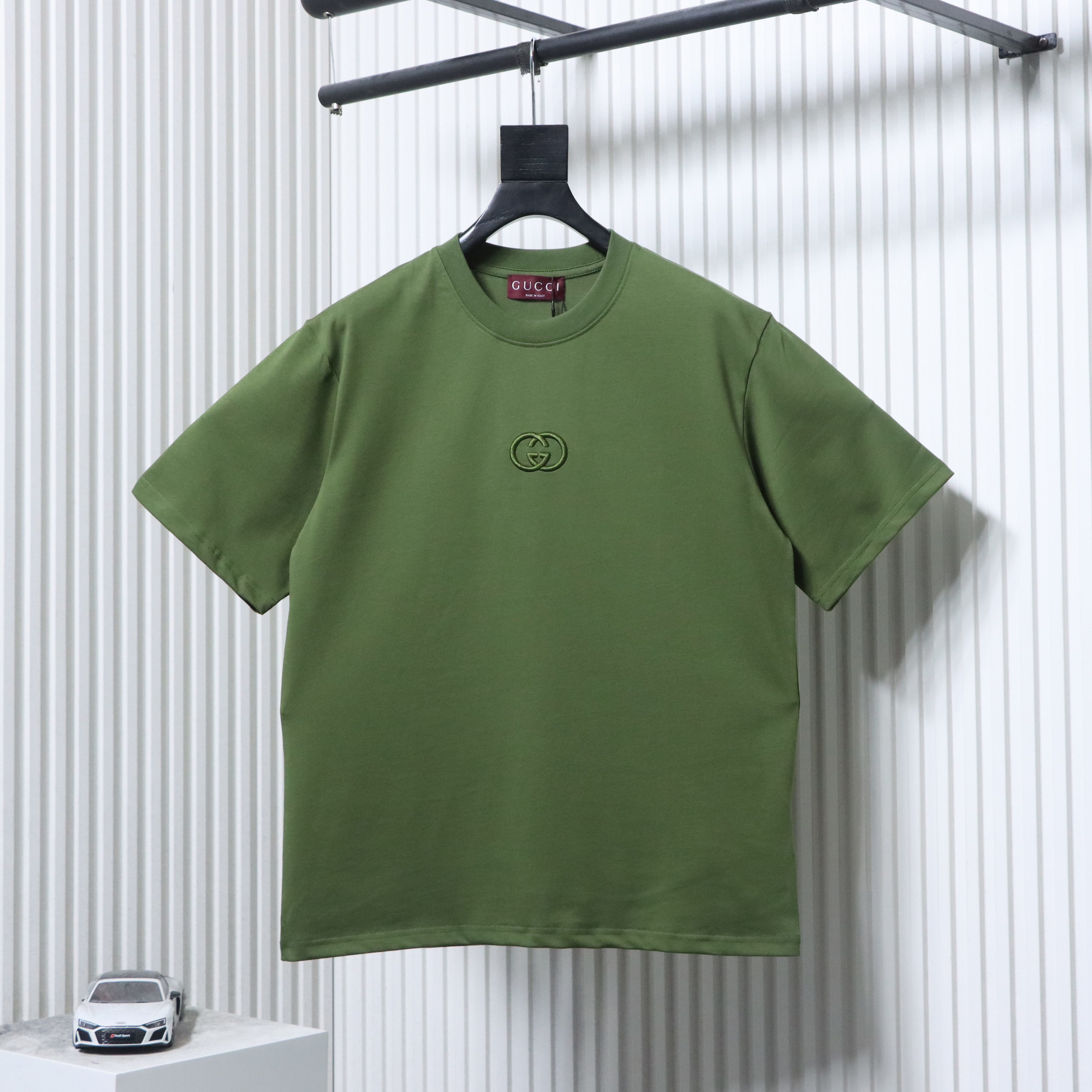 Gucci 26SS Double G Embroidered Letter on Chest T-shirt YL Army Green