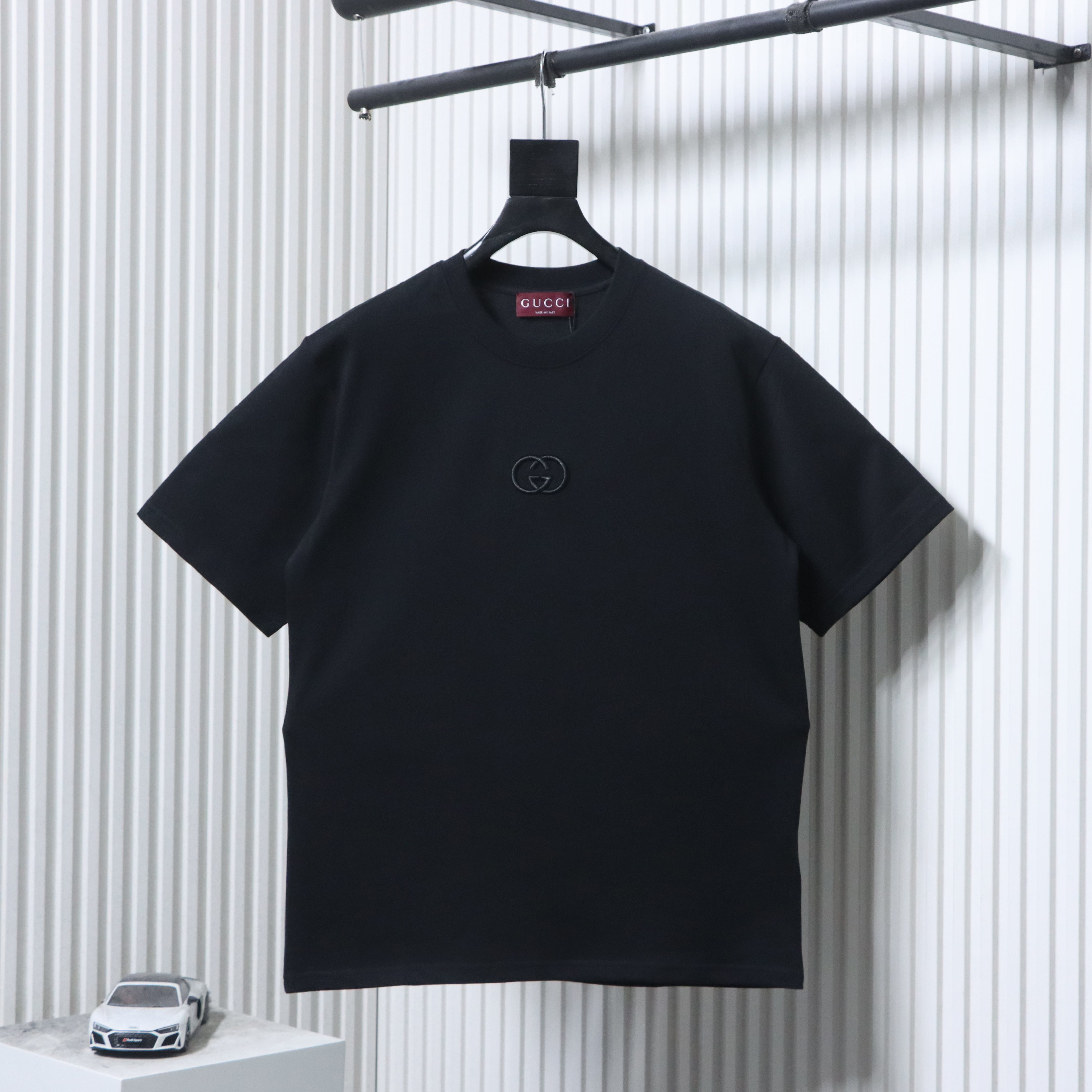 Gucci 26SS Double G Embroidered Letter on Chest T-shirt YL Black