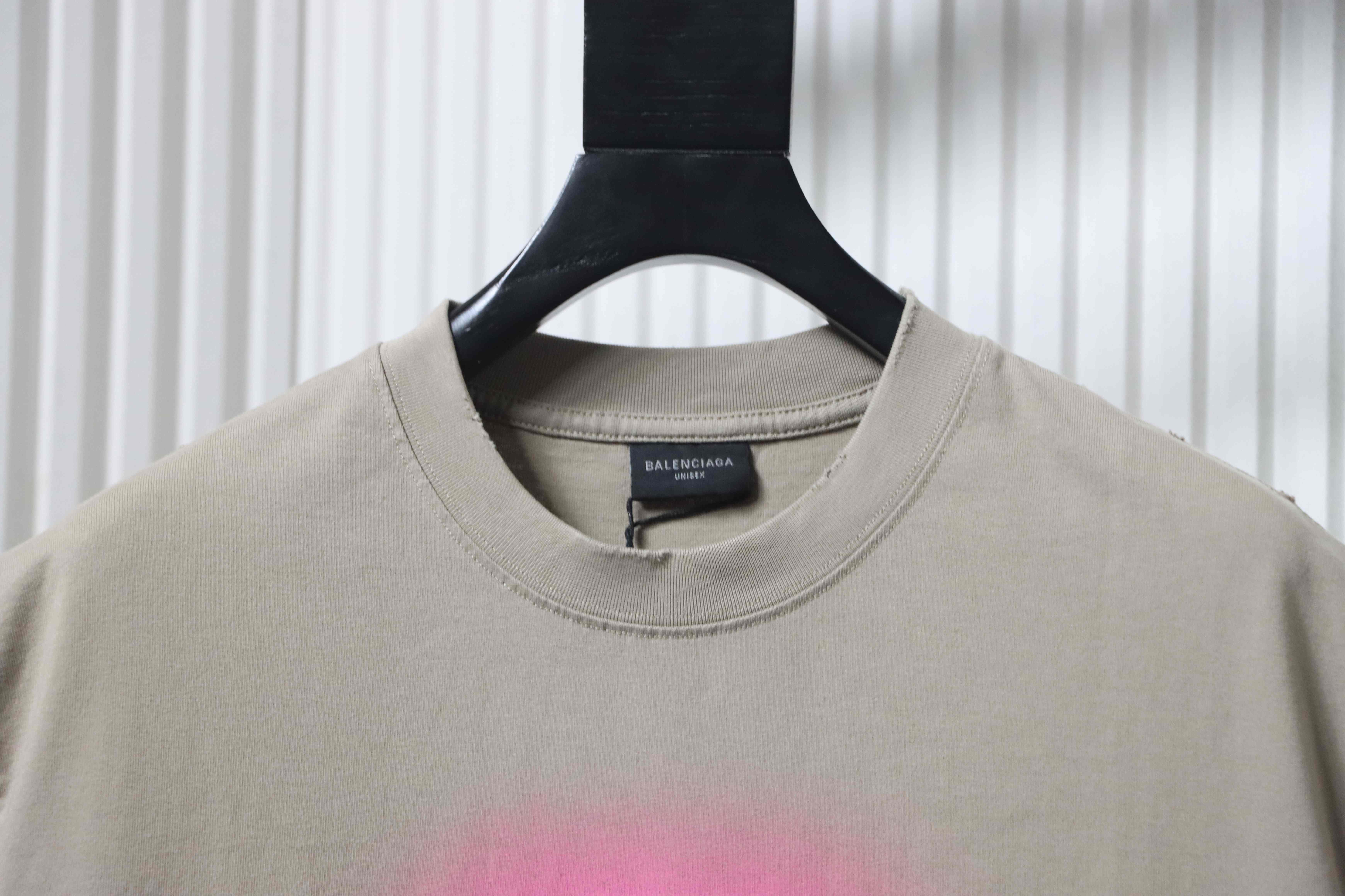 Balenciaga 25ss Lock Letter Embroidered Inkjet Rip T-Shirt YL Khaki