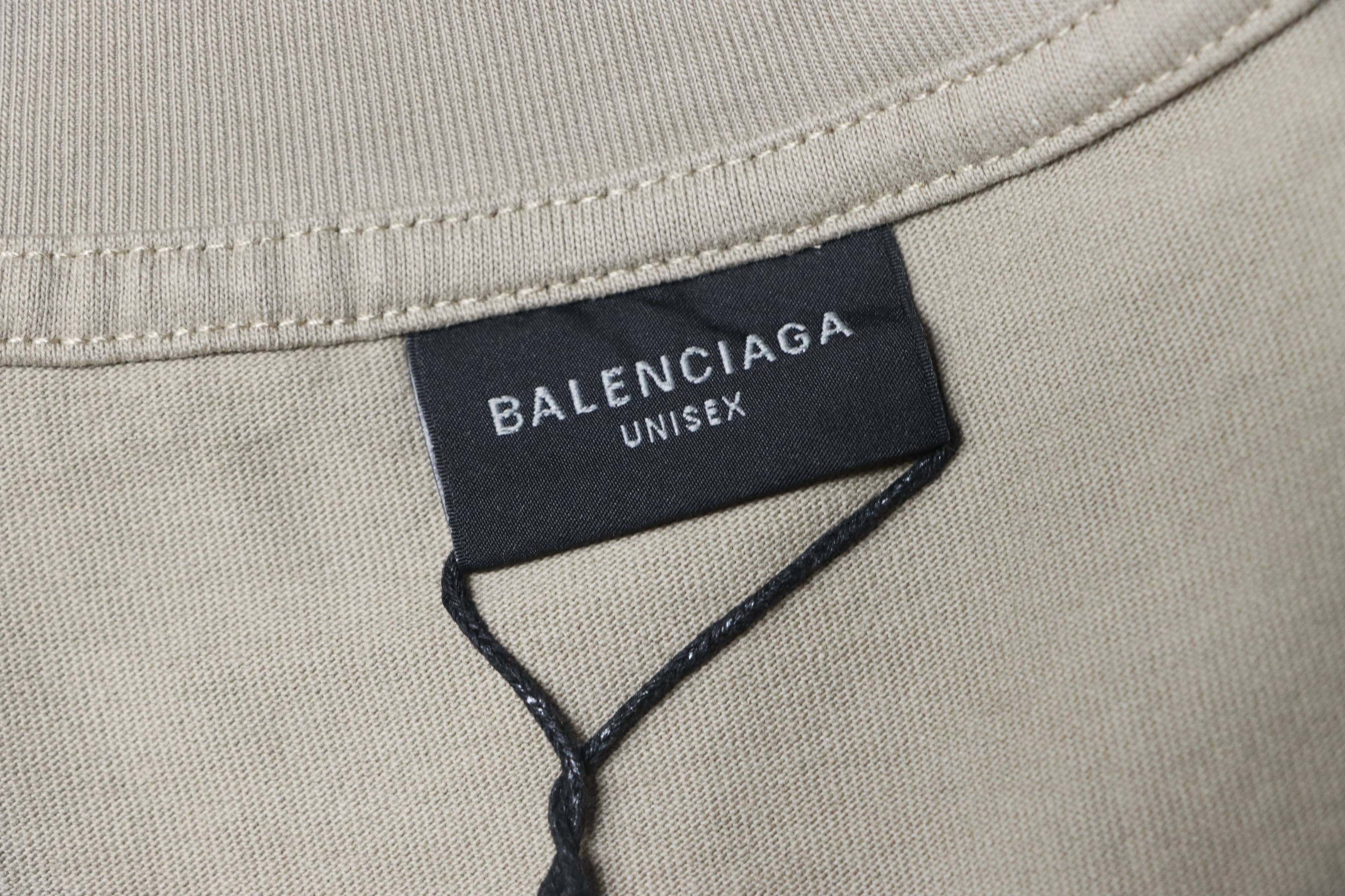 Balenciaga 25ss Lock Letter Embroidered Inkjet Rip T-Shirt YL Khaki