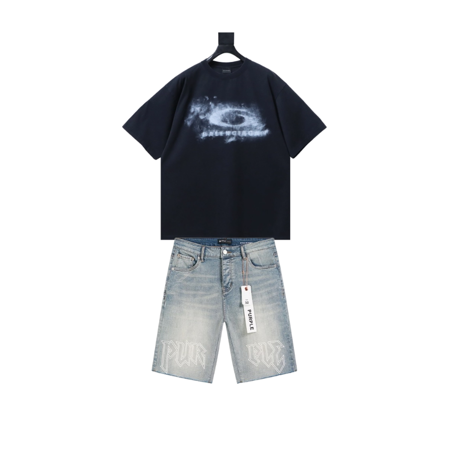 Balenciaga 26SS Smoke Ring T-shirt YL Black + Purple Brand Denim Shorts YL#PU527