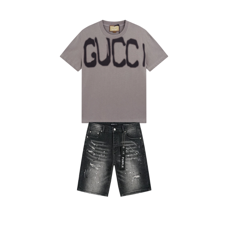 Gucci T-shirt YL#523A Brown + Purple Brand Denim Shorts YL#PU520