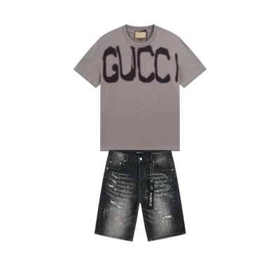Gucci T-shirt YL#523A Brown + Purple Brand Denim Shorts YL#PU520 01