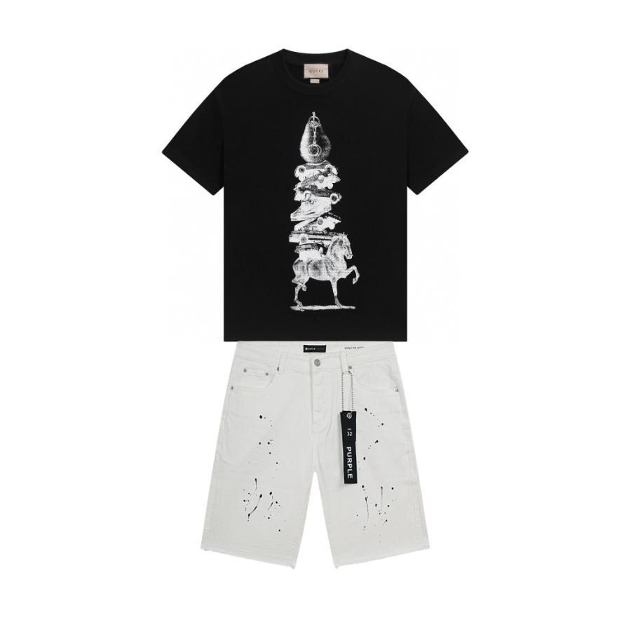 Gucci T-shirt YL#873 Black + Purple Brand Denim Shorts YL#PU518