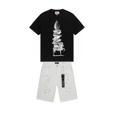 Gucci T-shirt YL#873 Black + Purple Brand Denim Shorts YL#PU518 01