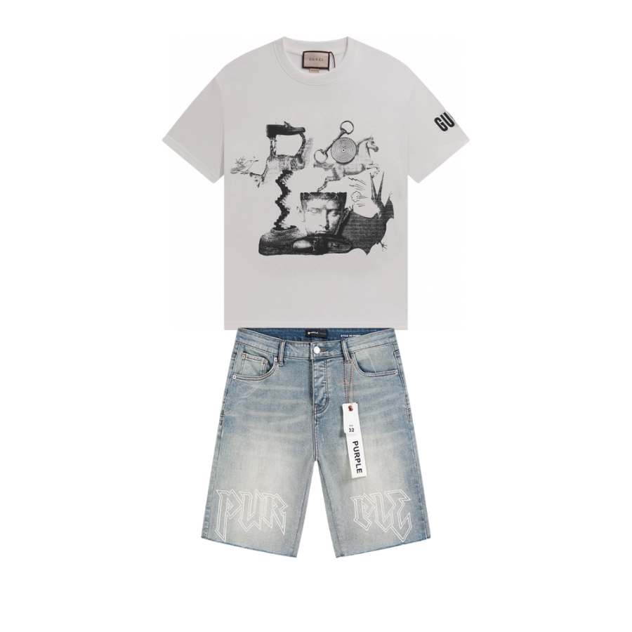 Gucci T-shirt YL#877 Grey + Purple Brand Denim Shorts YL#PU527