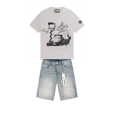 Gucci T-shirt YL#877 Grey + Purple Brand Denim Shorts YL#PU527 01
