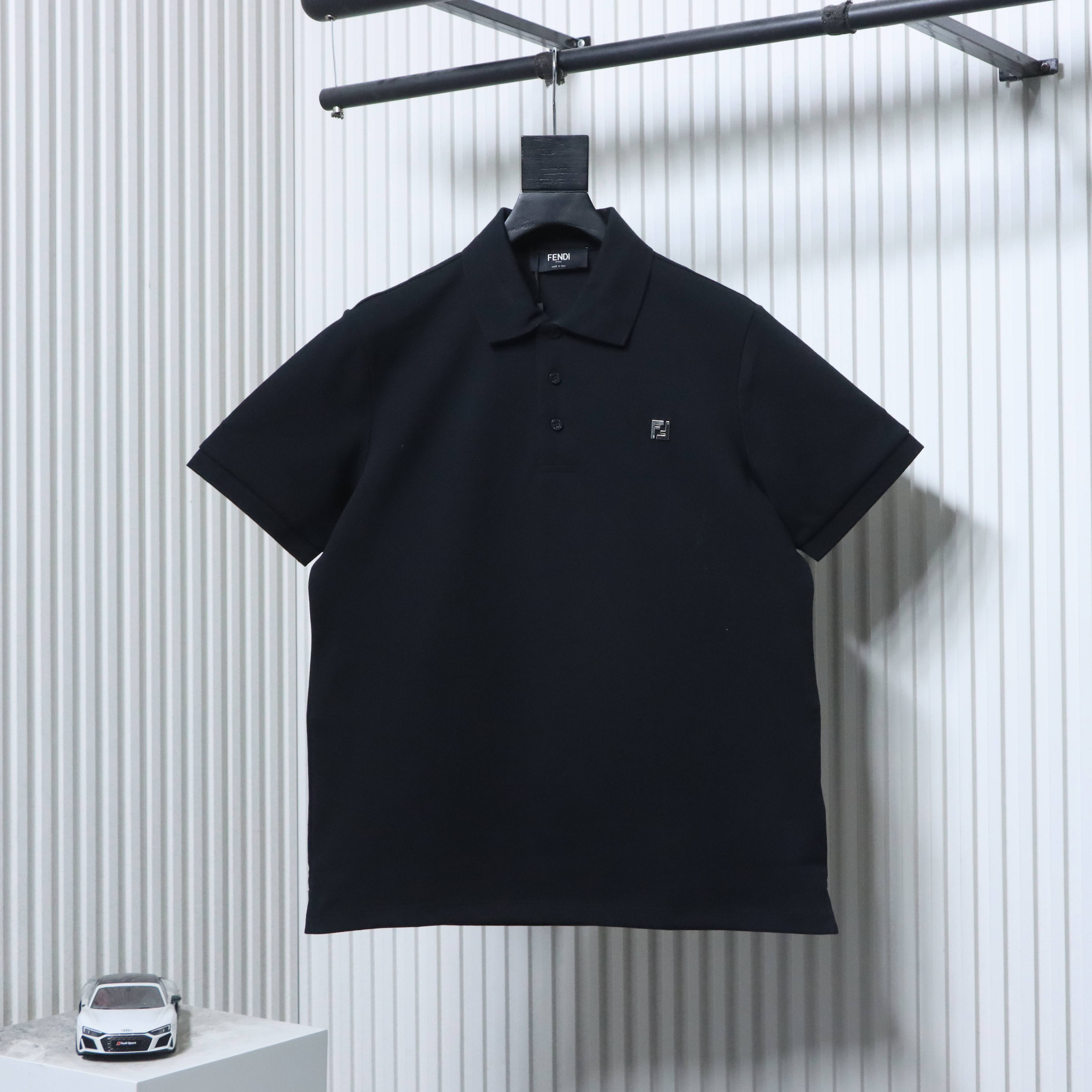 Fendi 26SS Double F Metal Logo Polo Shirt YL Black
