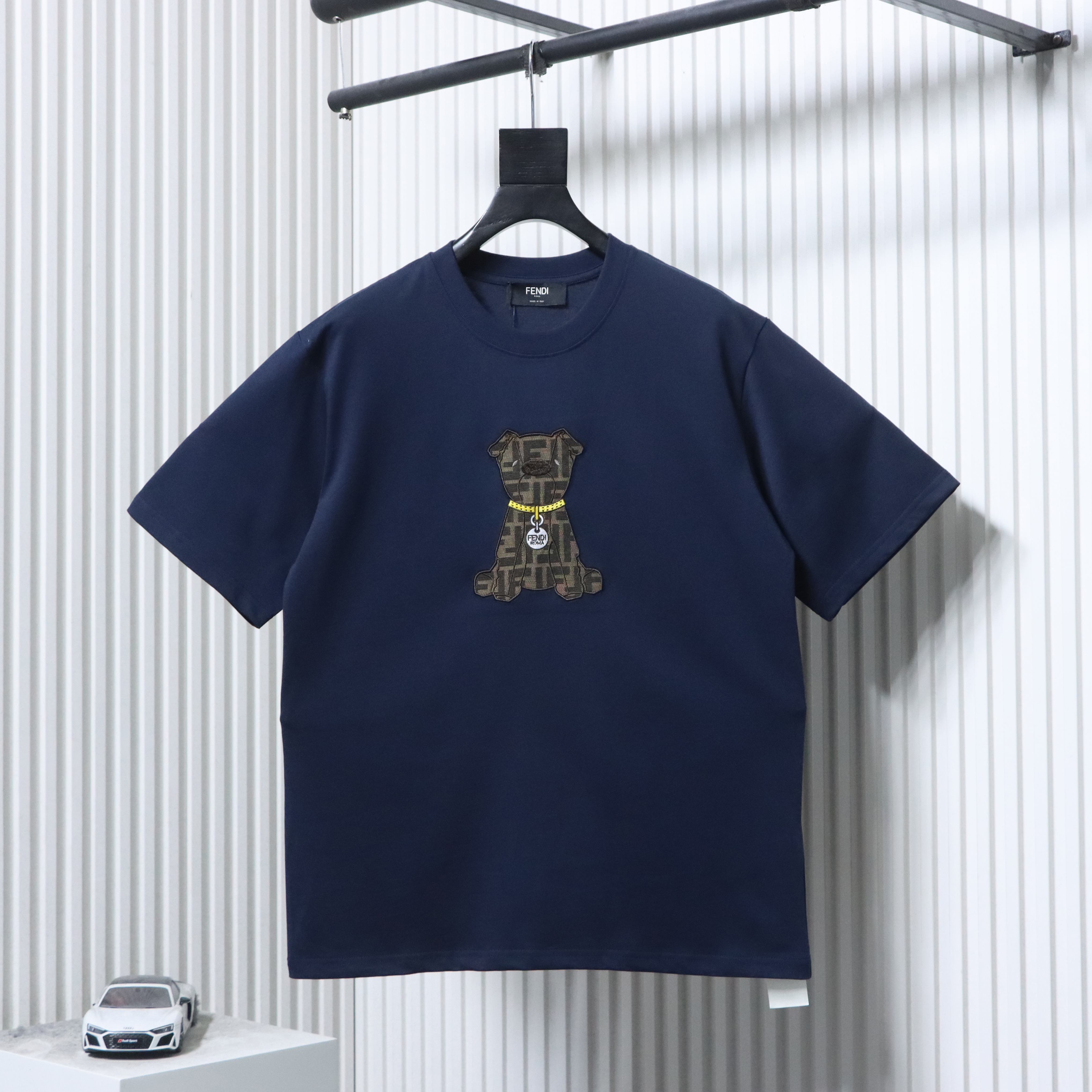 Fendi Embroidered Pet Dog F Letter Logo T-Shirt YL Navy Blue