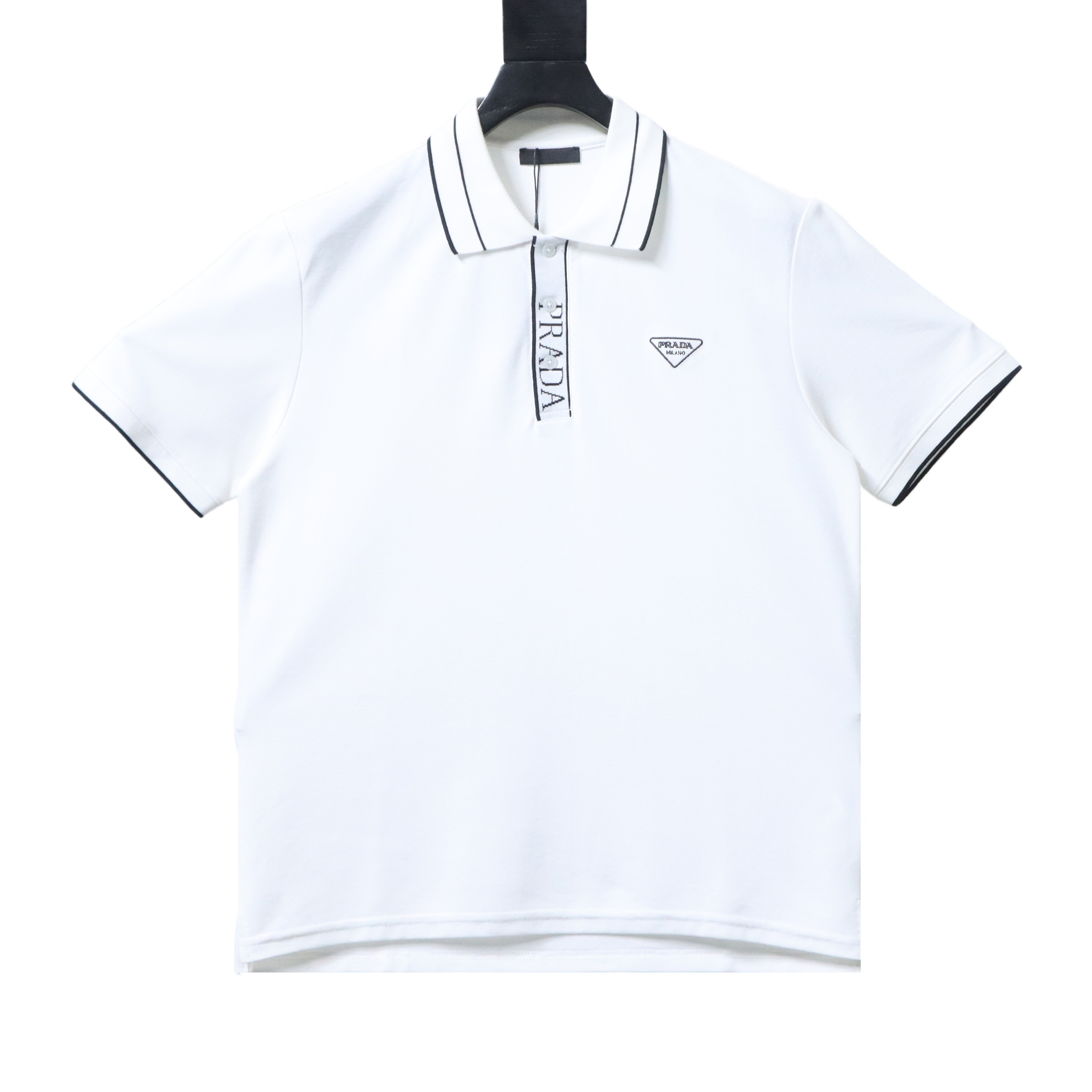 Prada 25ss Threaded Letter Triangle Embroidered Polo T-Shirt YL Black/White
