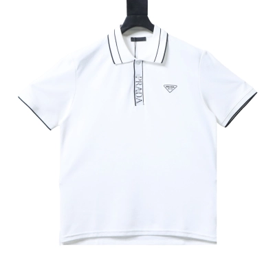 Prada 25ss Threaded Letter Triangle Embroidered Polo T-Shirt YL Black/White 01
