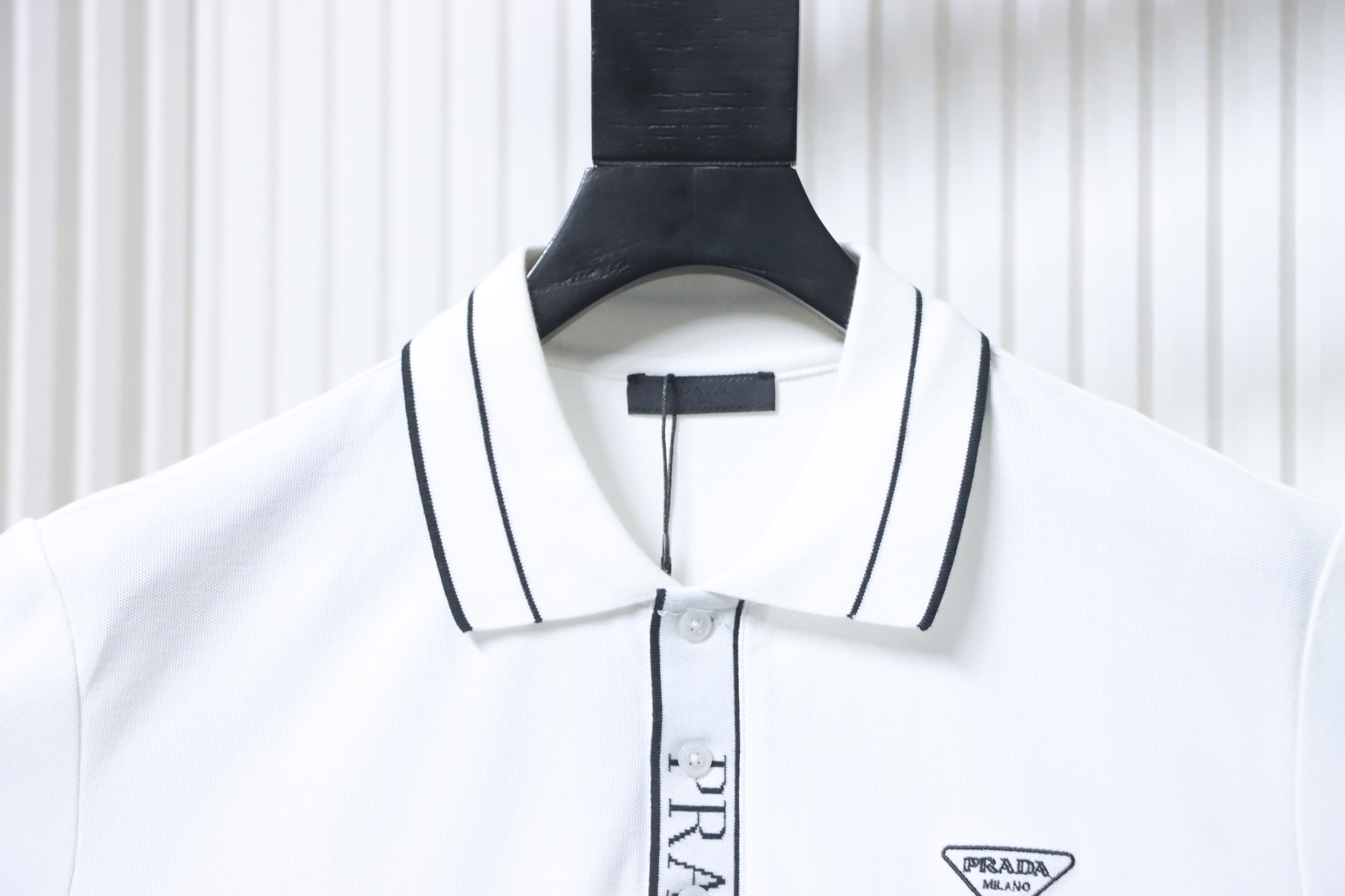 Prada 25ss Threaded Letter Triangle Embroidered Polo T-Shirt YL Black/White