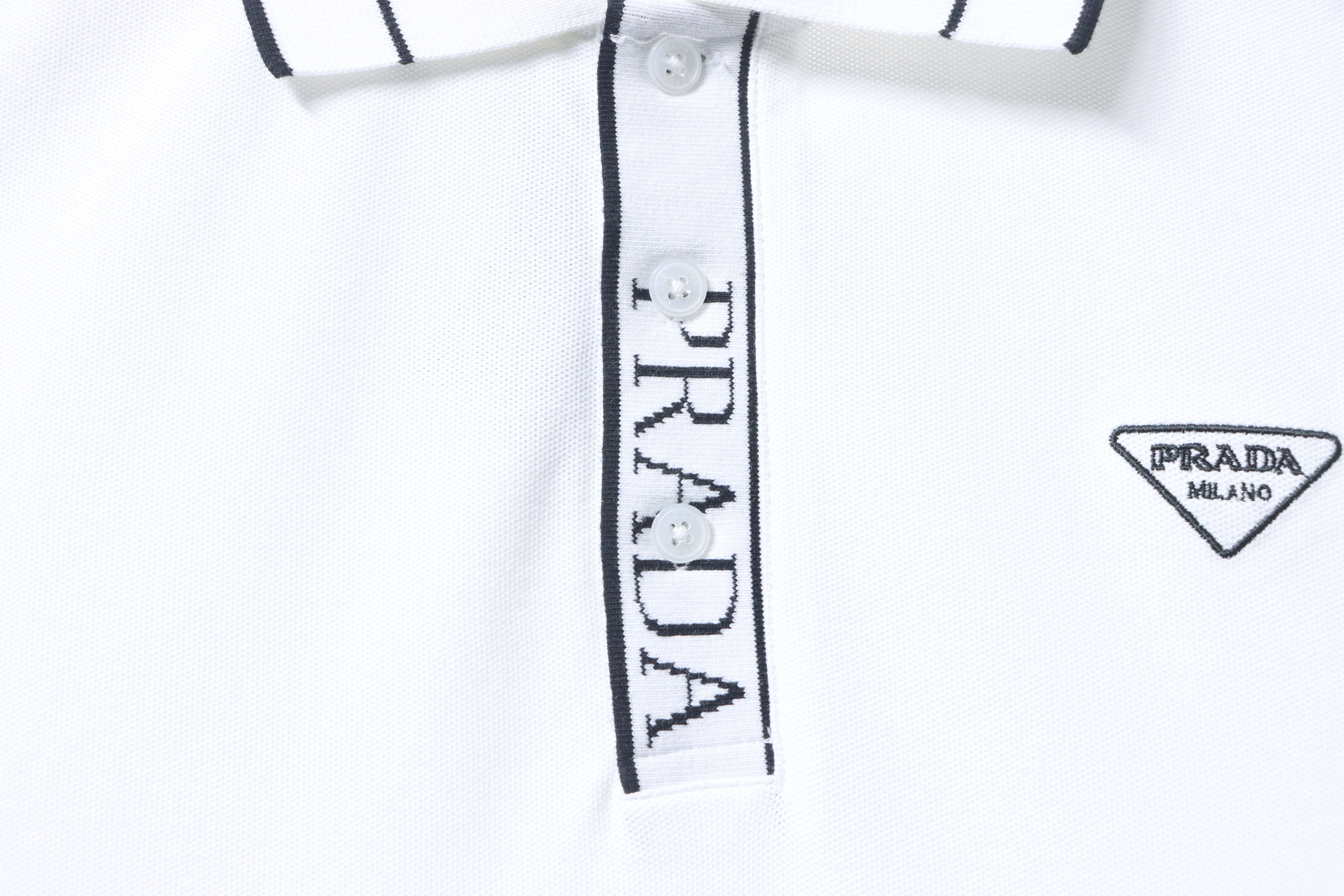 Prada 25ss Threaded Letter Triangle Embroidered Polo T-Shirt YL Black/White