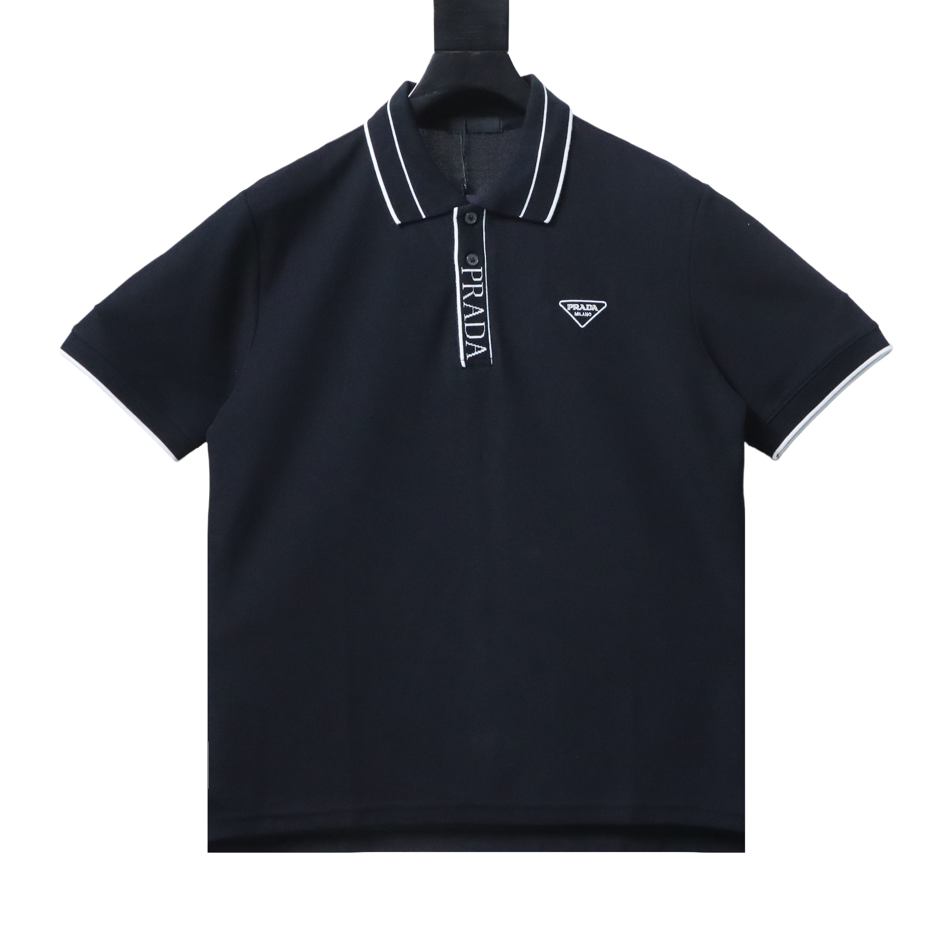 Prada 25ss Threaded Letter Triangle Embroidered Polo T-Shirt YL Black/White