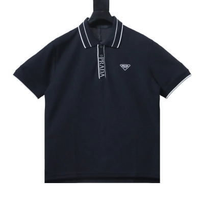 Prada 25ss Threaded Letter Triangle Embroidered Polo T-Shirt YL Black/White 02