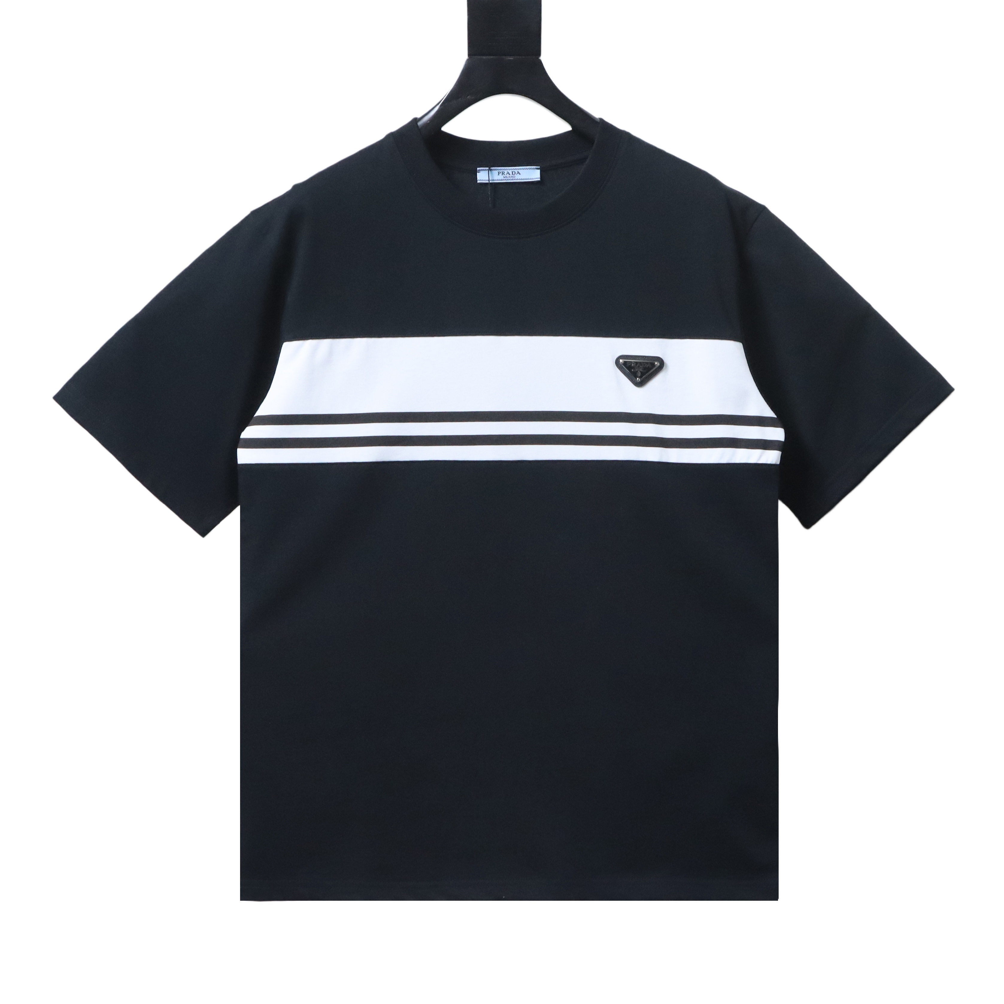 Prada Striped Triangle Inlaid T-Shirt YL Black/White