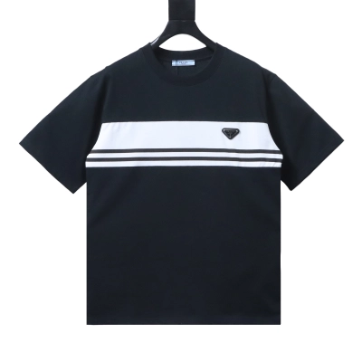 Prada Striped Triangle Inlaid T-Shirt YL Black/White 01
