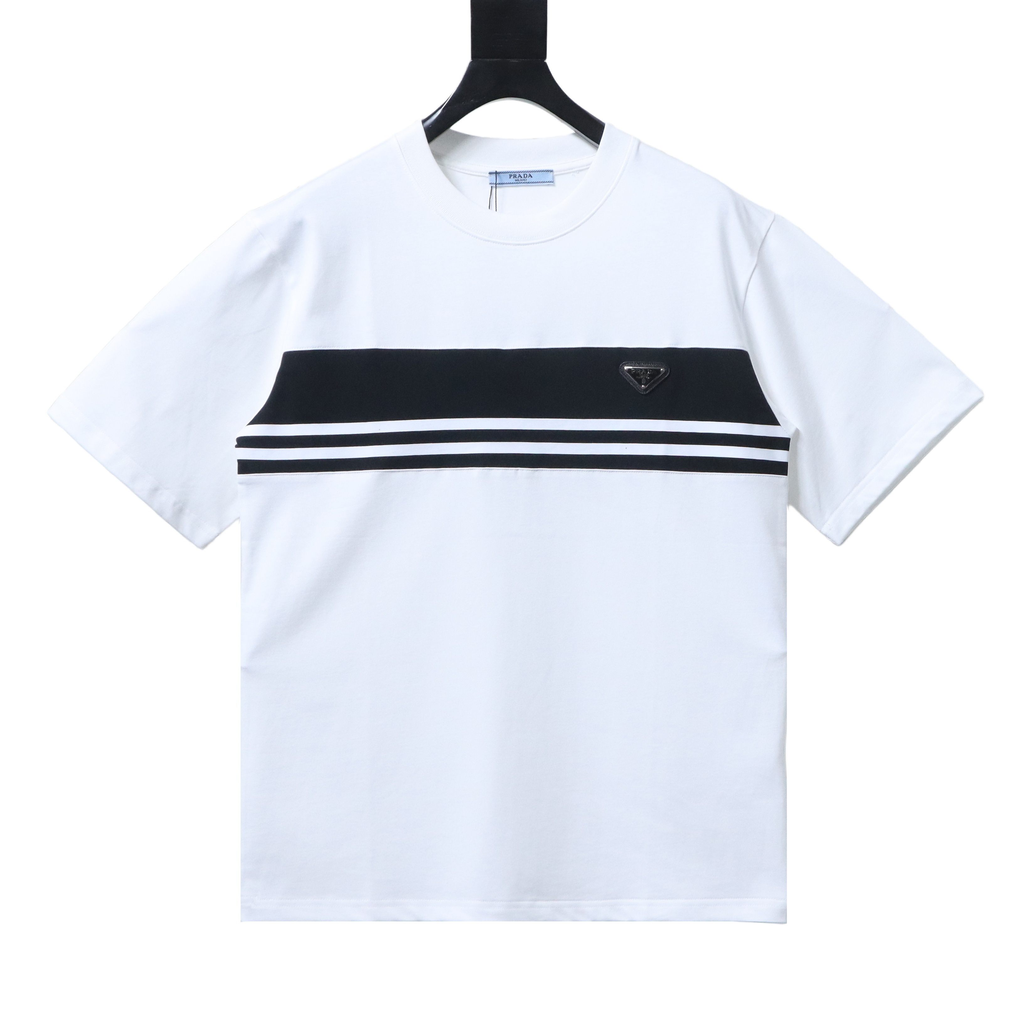 Prada Striped Triangle Inlaid T-Shirt YL Black/White