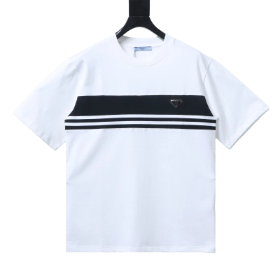 Prada Striped Triangle Inlaid T-Shirt YL Black/White 02