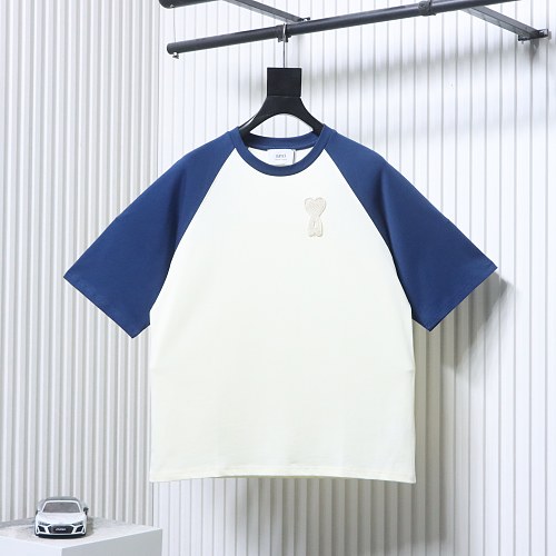 Ami Paris 26SS Contrasting Color Patchwork T-shirt White Blue