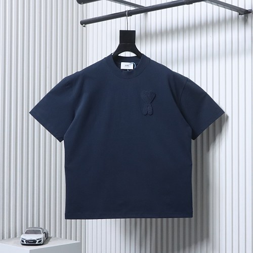 Ami Three-dimensional thick line peach heart embroidery T-shirt Blue