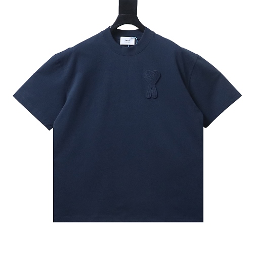 Ami Three-dimensional thick line peach heart embroidery T-shirt Blue