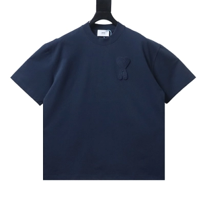 Ami Three-dimensional thick line peach heart embroidery T-shirt Blue 01